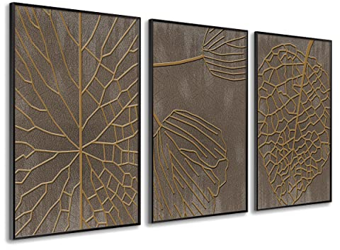 DekoArte - Cuadros decoracion salon modernos NATURE HOJAS SECAS 50x70 cm x3 piezas - Cuadros con marco negro incluido