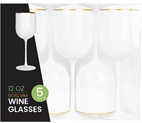 White Wine Cup with Gold rim Plastic Wine Glasses Set of 10 Elegant Wine Goblets Hard Plastic Wine Cups on Stem 12 Ounce