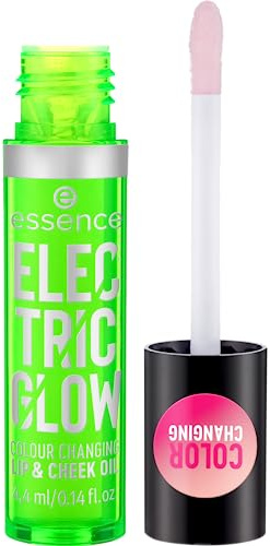 essence ELECTRIC GLOW COLOUR CHANGING LIP & CHEEK OIL, highlighter, transparent, vegansk, mikroplastpartiklar fri, nanopartiklar fri (4,4 ml)