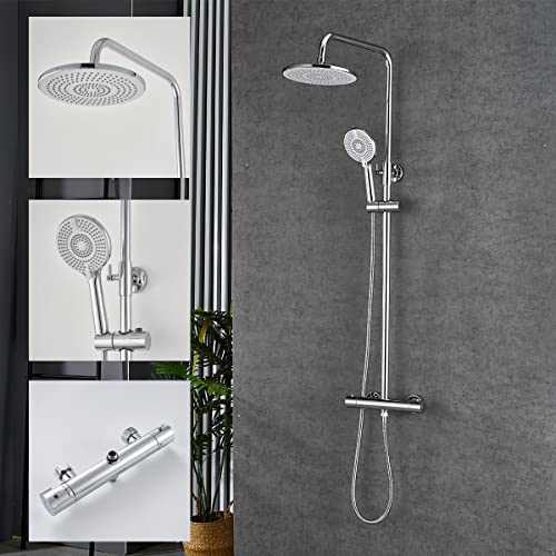 Plumbsys Rund Chrom Duschsystem mit Thermostat Wassersparend mit Handbrause und t Kopfbrause,Thermostat Duschset 304 rostfreier Stahl