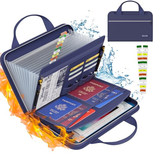 Tamfile Fireproof Accordion File Organizer with Handle, 13 Pocket Expanding File Folder with Zipper & Labels, File Folder with Multi-Pockets Paper Organizer Folder for Letter A4 Files, Blue