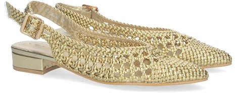 shoes&blues.es 80915-Zapato Plano de Mujer, Comodo, Estilo Salon, de Punta Fina, de Material Entrelazado, y Cierre de Hebilla. Talla 39 Oro