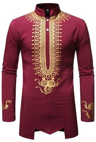 Gefomuofe chemise Kurta courte en coton pour homme - Col rond - Coupe normale - Décontractée - Longue robe de fête brodée - Art soie - Robe de mariage - T