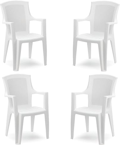 COSE DA CASA Sedie con braccioli in resina bianca effetto rattan set 4 Poltrone seduta per interno esterno balcone terrazza giardino pub bar