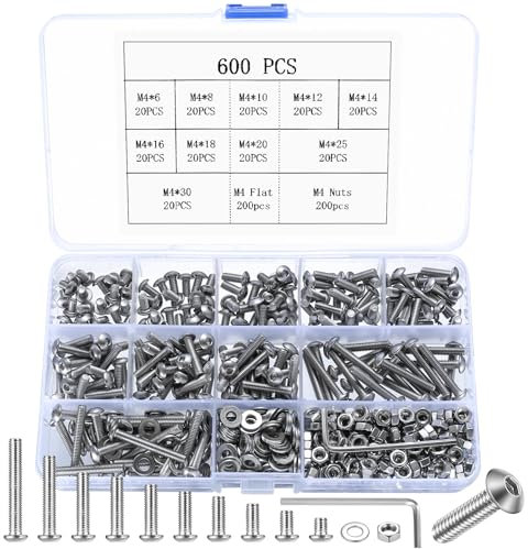 600 Pzs M4 Juego de Tornillos y Tuercas y Arandelas KitTornillos de Cabeza de Botón Hexagonal, Tornillos de Cabeza Cilíndrica con Tuercas Arandelas, Tornillo de Máquina de Acero Inoxidable