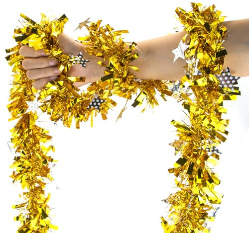 CHEERYMAGIC Christmas Tinsel Garland,13.12FT Gold Christmas Tree Tinsel Decoration,Metallic Tinsel Garland, for Christmas New Year Holiday Party Decorations (Gold) A6-JSXXLH