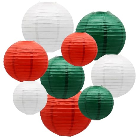 Lanterna di carta natalizia, decorazione per feste, multicolore, adatta per feste di Natale, matrimoni, feste di compleanno, set di 9 (bianco, verde, rosso)