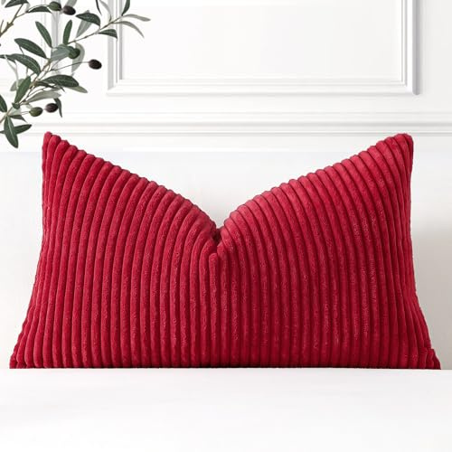 Artscope Juego de 1 Fundas de Cojines de Pana Decorativas Hogar Vintage Color Solido 30x50 cm Funda Cojin para Decoración del Hogar Sofá Dormitorio Camas Rojo Vino