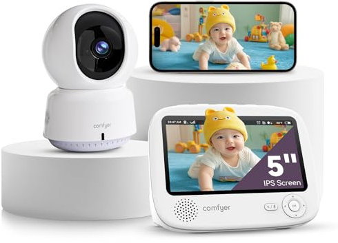 Comfyer 4 Split-Screen Smart Babyphone mit 2K Kamera, 5 HD Display WLAN Kamera Video Babyphone, IR-Nachtsicht, Automatische Verfolgung, Temp Anzeige, Bewegungs/Geräuscherkennung, App Steuern 5050mAh