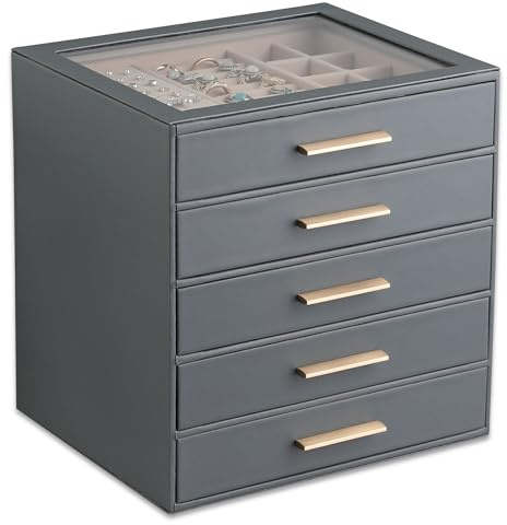 Frebeauty 5-Layer Jewellery Box with Clear Lid & Drawer for Women Girls | Faux Leather,Velvet Lining,5 Layers,Jewellry Storage For Ring Earring Stud,Dustproof Design,Gift Choice,Golden Stylish Handle