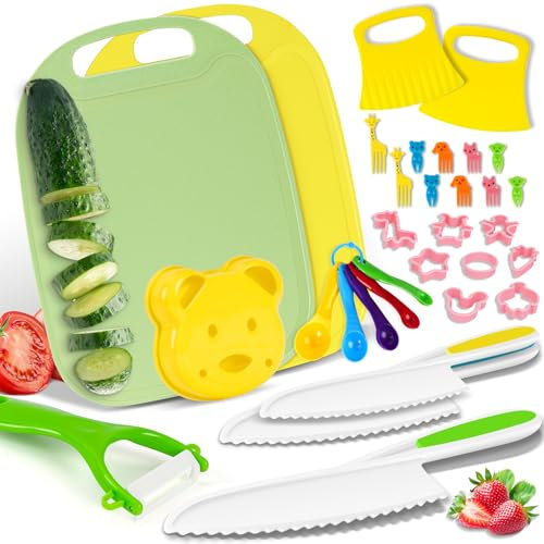 Cheffun Couteau Enfant, Kit Couteau Sécurité de Cuisine pour Enfants 33 Pièces avec Éplucheur, Planche à Découper, Couteau Montessori pour Couper des Fruits ou Légumes, Cadeau Enfant 2 3 4 5 6 Ans