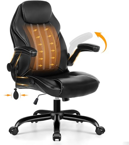 Ylzyxal Office Desk Chair, Ergonomic Computer Chair with Padded Flip-Up Arms and Adjustable Lumbar Support, PU Leather Executive Chair with Tilt Lock and 360° Swivel Rolling Wheels for Work, Study
