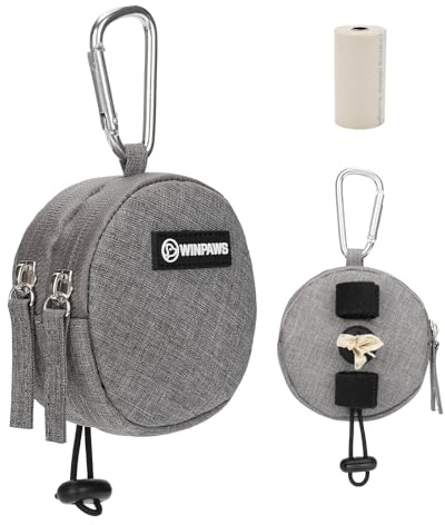 Dog Poop Bag Holder for Leashes- Dog Treat Pouch with Waterproof Zipper,Puppy Training Small Bag with Carabiner & Bungee Toggle,Two Pockets for Dry or Wet Treats-Pet Travel Walking Essentials (Grey)