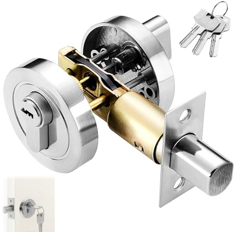Deadbolt Door Lock, Round Internal Door Lock with Key, Dead Bolts for Internal Doors, 35-50mm Zinc Alloy Security Gate Locks for Bedroom, Entrance Passage (Silver)