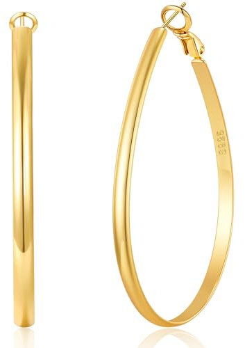 RANKEEF 4MM De Large Grande Or Ovale Boucle d'oreille Creole Non Ternissant Boucles d'oreilles en or 14K pour femmes Hypoallergéniques S925 Post Léger Grands Creole Or Fermoir sécurisé