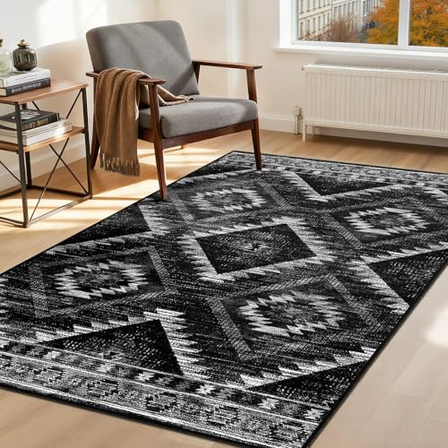 DEFYNEE Machine Washable Rugs Living Room, 90x150 cm Kitchen Rugs Non Slip, Soft Short Pile Vintage Rugs for Bedroom, Moroccan Rug for Hallway, Bedroom, and Kitchen, Black