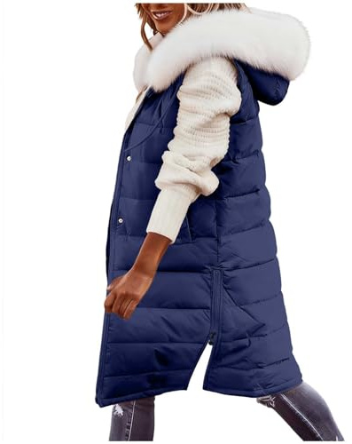 Womens Long Puffer Gilets Faux Fur Detachable Hood Quilted Coats Waterproof Longline Winter Warm Padded Jacket Sleeveless Side Zipper Vest Ladies Bodywarmer Waistcoat Loose Pocket Windproof Outdoor Uk
