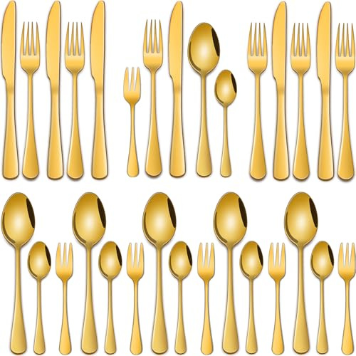 Golden Cutlery Set for 6 People, 30-Piece Stainless Steel Cutlery Set with Knives, Forks, Tablespoons, Teaspoons and Coffee Spoons, Mirror Polished, Rustproof, Dishwasher Safe