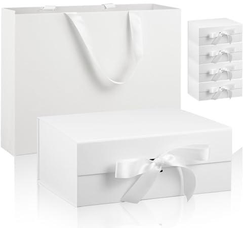 5 Pack Large Gift Boxes with Lids, 29x22x10.5 cm Foldable Magnetic Gift Box with Ribbon, Party Present Boxes for Bridesmaid Proposal Weddings Birthdays (White)