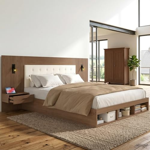 luckdect Lit Double 180x200 en Bois avec Rangement, Tête de Lit Rembourrée Intégrées Tables de Chevet Lampes de Lecture et Ports USB/Type-C, Lit avec Rangement pour Chambre Adulte(sans Matelas)