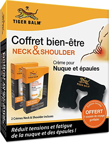 Tiger Balm - Coffret Neck and Shoulder - Crème pour nuque et épaules avec coussin de voyage - Réduit tensions et fatigue grâce au massage - Application facile, pénètre rapidement - 2 Tubes 50g