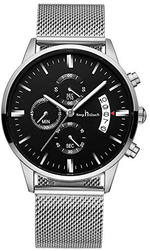 Unendlich U-Relojes para Hombre Moda Impermeable Deportes Reloj de Cuarzo Esfera Negra Reloj de Pulsera de Acero Inoxidable Cronógrafo Calendario Reloj de Negocios para Hombres Puntero Luminoso
