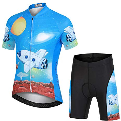 LPATTERN Kinder Radsport Bekleidung- Jungen/Mädchen Fahrrad Trikot-Set(Trikot Kurzarm+Kurz Radhose)/Radtrikot Kurzarm/Kurz Fahrradhose mit Sitzpolster,Blau Luftschiff (Anzug),110/116(Tag:S)
