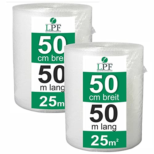 LPF dieLUFTPOLSTERFOLIE 2x Luftpolsterfolie 50cm x 50m Verpackungsfolie Luftpolster Rolle Blisterfolie Noppenfolie Polsterfolie Knallfolie Transparent Bubble wrap roll 0,5m