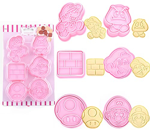 YongHang 6 Pezzi Formine Biscotti Set 3D Stampi per Biscotti Bambini Timbro Plastica Riutilizzabile per Pane Decorazione Torta Bambini Festa di Compleanno Cottura Fai da Te (Mario)