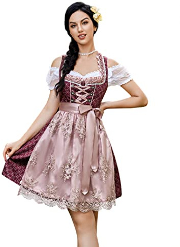 KOJOOIN Femme Robe Dirndl de Bavière Oktoberfest Set Dirndl Blouse et Tablier - Robe Dirndl 3 Pièces Bluse Manches Courtes Bavarois Vêtements Bourgogne Profond 42