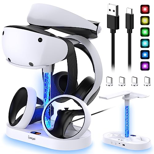 Charging Dock Stand for PSVR2 with 9 RGB Lights, MENEEA Charger Station for Playstation VR2 Controller, PS VR2 Headset Holder& 4xType-C Magnetic Charger Port, White