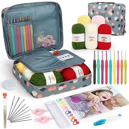 Aeelike Blaue Blume Häkelset für Anfänger, Ergonomische Häkelnadel mit Weichem Griff Arthritische Hände, Starter Häkelsets Anleitung, Häkelgarn, Häkeltasche, Strickzubehör, Häkeln 2,0-6,0mm