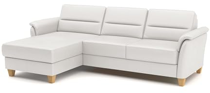 CAVADORE Leder-Ecksofa Palera mit Longchair / Landhaus-Couch mit Federkern + massiven Holzfüßen / 244 x 89 x 163 / Leder Weiß
