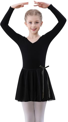 FONLAM Ballettkleid Ballettkleidung Mädchen Langarm Tanzkleid Turnanzug Balletttrikot Tanzbody Baumwolle Ballettrock Kinder (4-5 Jahre, Schwarz)
