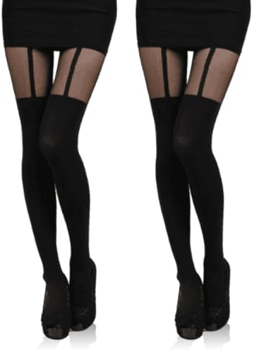 EUPSIIU 2 Stück Damen Strumpfhose, Strapse Mit Strümpfe, Sexy Strapsstrümpfe Schwarz Für Damen, Strumpfhose Halb Blickdicht Matt Formt Bauch Stützstrumpfhose figurformend Feinstrumpfhose (Schwarz)