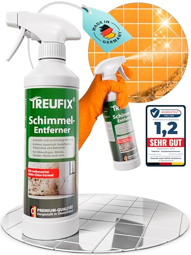Treufix - Schimmelentferner [Verbesserte Aktiv-Chlor-Formel] Schimmelspray für Wand, Bad, Silikonfugen, Tapete u.v.m. gegen hartnäckigen Schimmel, Stockflecken & Schimmelpilz - Made in DE