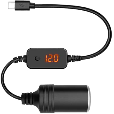 Giantdeer Tipo C Macho a Encendedor de Cigarrillos Hembra Zócalo con Pantalla de Voltaje, USB-C a Coche Encendedor de Cigarrillos Cable con Botón de Interruptor, para Cambiar Voltaje 5V/9V/12V