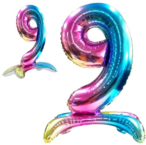 Palloncino 9° Compleanno Numero 9 Gigante Multicolore Metallizzato in Piedi, Palloncino XXL di 82 cm. Decorazione Compleanno. Ad Aria.