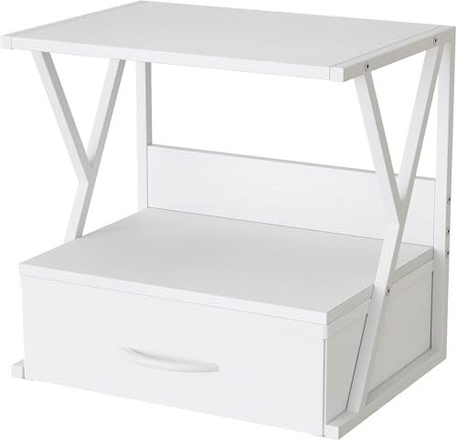 2-Ebene Druckerständer, Druckertisch mit Schublade Lagerung, Druckerhalter Industrie-Design, , Mehrzweck Schreibtisch Organizer, Drucker Stand für Büro, Zuhause, Schule, Fax, Kopierer, Scanner (Weiß)
