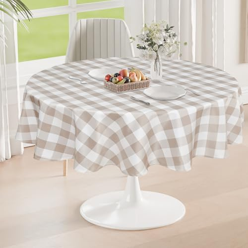 DWCN Rutig Bordsduk Rund 180 cm, Kaki och Vit, Polyester, Vattentät, Fläckskydd, Vädertålig, Geometrisk, Tvättbar, För Utomhus, Picknick, Matsal, Trädgård, Fest, Bröllop