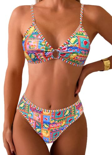 Fanuerg Conjunto de Bikini Triangular para Mujer, Traje de baño de Dos Piezas con Anillo en O, Estampado Floral, Traje de baño Atrevido, Impresión de Frutas., M