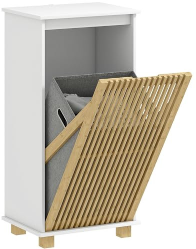 HOMCOM - Mueble de baño con cesta para la ropa, mueble de almacenamiento con puerta de bambú y bolsa extraíble, armario de baño, 40 x 30 x 80 cm, blanco y efecto madera natural