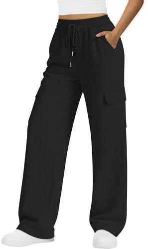 Zhiaek Pantalon Chandal Mujer con Bolsillos Pantalon Deporte Mujer Largo Pantalones Jogger Cintura Elástico para Yoga Jogger Fitness Casual Correr Gimnasio Negro M
