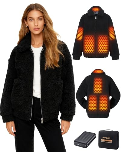 Topdot Pile Riscaldata Donna con power bank 12V, 18400 mAh, 8 Zone Di con 3 livelli di temperatura,Cappotto invernale casual in pile caldo e soffice con risvolto per All'aperto,Nero,L