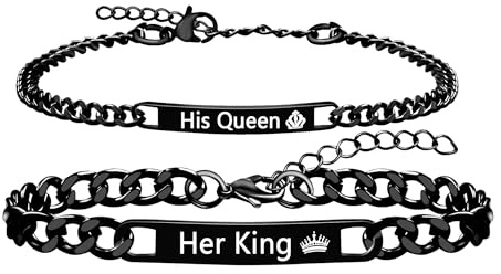 Uloveido Long Distance Relationship Couple Bracelets - Adjustable Black Stainless Steel His Queen Her King Matching Bracelets for Him and Her YA5889