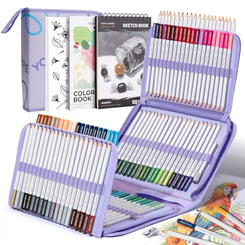 Four Candies Ensemble de crayons de couleur, 120 crayons de couleur doux pour livres de coloriage et dessin, estompage, ombrage. Fournitures artistiques non toxiques avec étui zippé portable et carnet