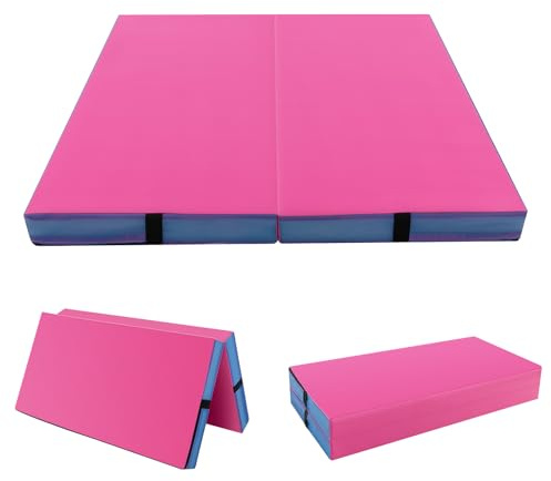 GYMAX Tapis de Gymnastique Épais Pliable 122 x 122 x 10cm, Housse en Simili Cuir Imperméable, Transport Facile avec Poignées Tapis d'Entraînement Idéal pour Yoga, Pilate, Fitness (Rose)