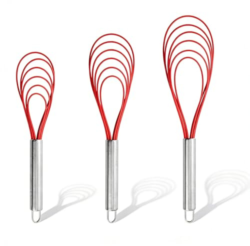 Flat Metal Whisk Set of 3, Stainless Steel Flat Whisk, Wire Egg Utensils Whisk for Cooking, Blending, Beating, Frothing & Stirring