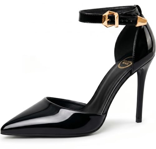Golden Beads Women’s Ankle Strap Pointed Toe High Heels Party Pumps Court Shoes Stiletto heel Wedding Bridal Shoes (Black Patent, UK Footwear Size System, Adult, Women, Numeric, Medium, 5)