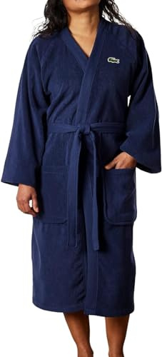 Lacoste Classic Pique Bath Robe, 100% Soft Cotton Terry, Unisex Bathrobe for Adult Women & Men, Luxury Robe for Spa, Super Absorbent & Quick Drying, One Size Fits Most, Black Iris